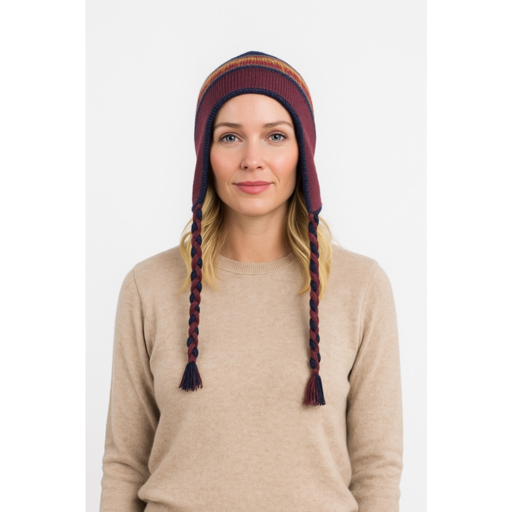 Colorful Earflap Hat w/ Tassels & Pom Pom Winter Ski Beanie Alpaca Blend NWOT